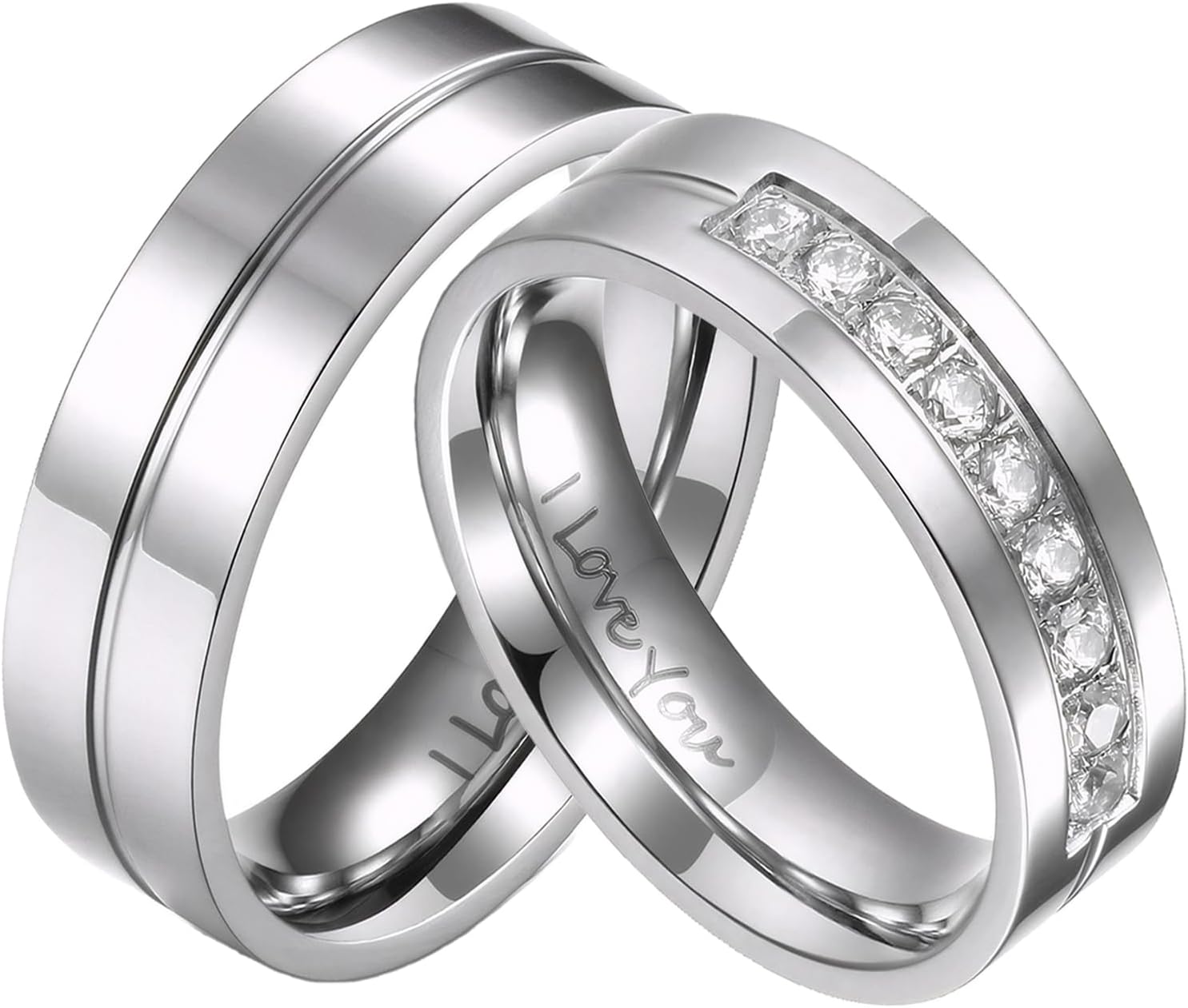 His & Hers Couple Ring Promise Ring Stainless Steel Couple Wedding Engagement Bands Cubic Zirconia CZ Band for Women Men Lovers Matching Princess Cut Bridal Jewelry Gifts Comfort Fit Size 5-14
