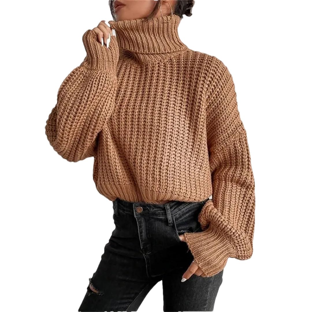 Maglione da donna a collo alto, tinta unita, a maniche lunghe, lavorato a maglia, largo, oversize, maglione