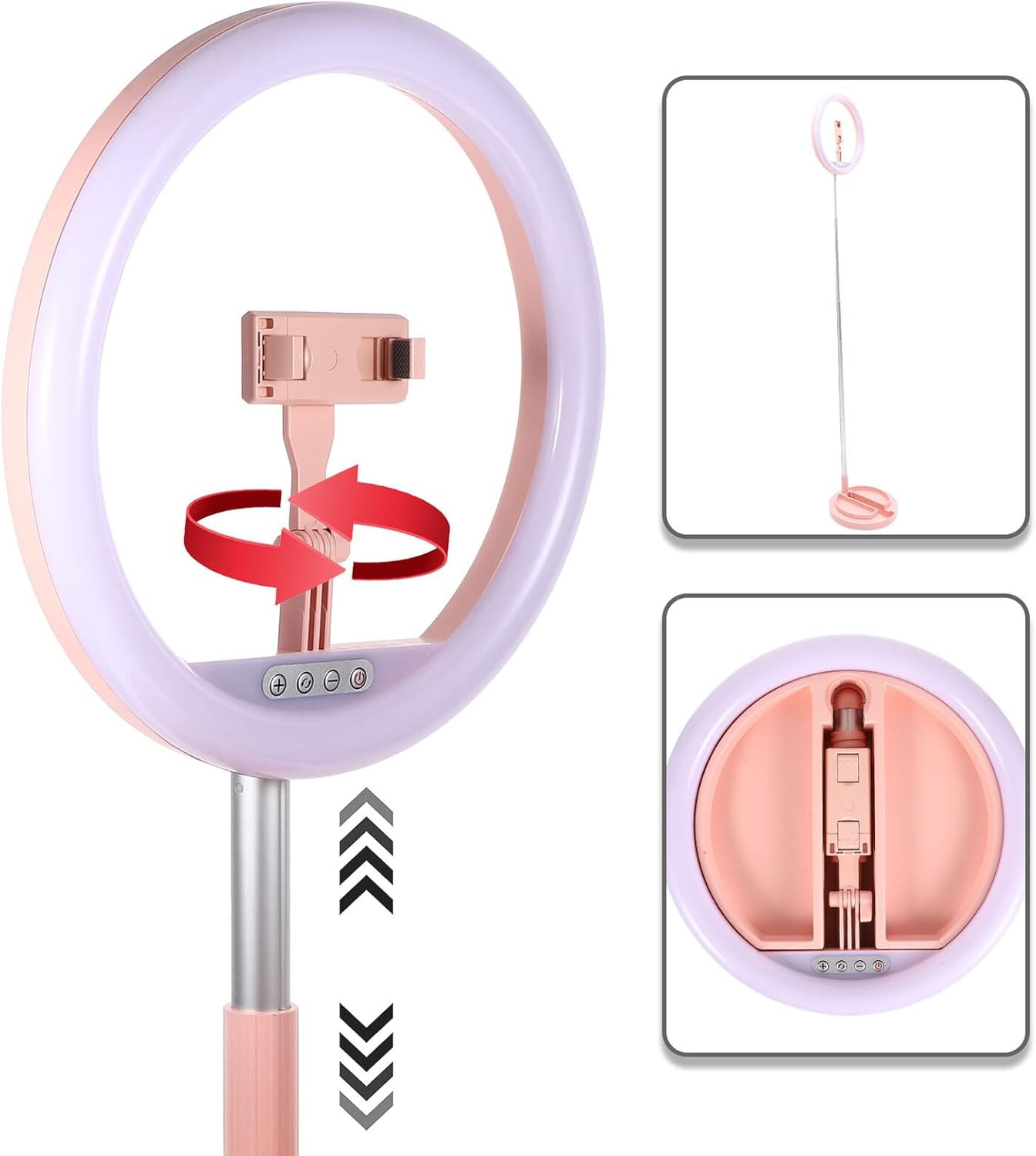 Foldable LED Ring Light Mobile Phone Bracket with Adjustable Three-Color Dimmable Fill-in Light for Live Streaming and Video Recording, Eye Protection, Portable Pink Design
