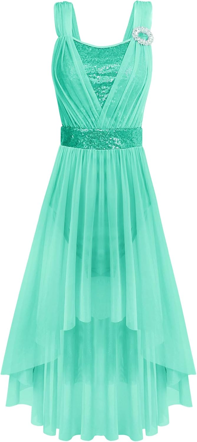 ODASDO Women Adult Lyrical Dance Dress Modern Contemporary Costume Sequins Mesh Tulle High Low Skirt Ballet Dancewear - Image 4