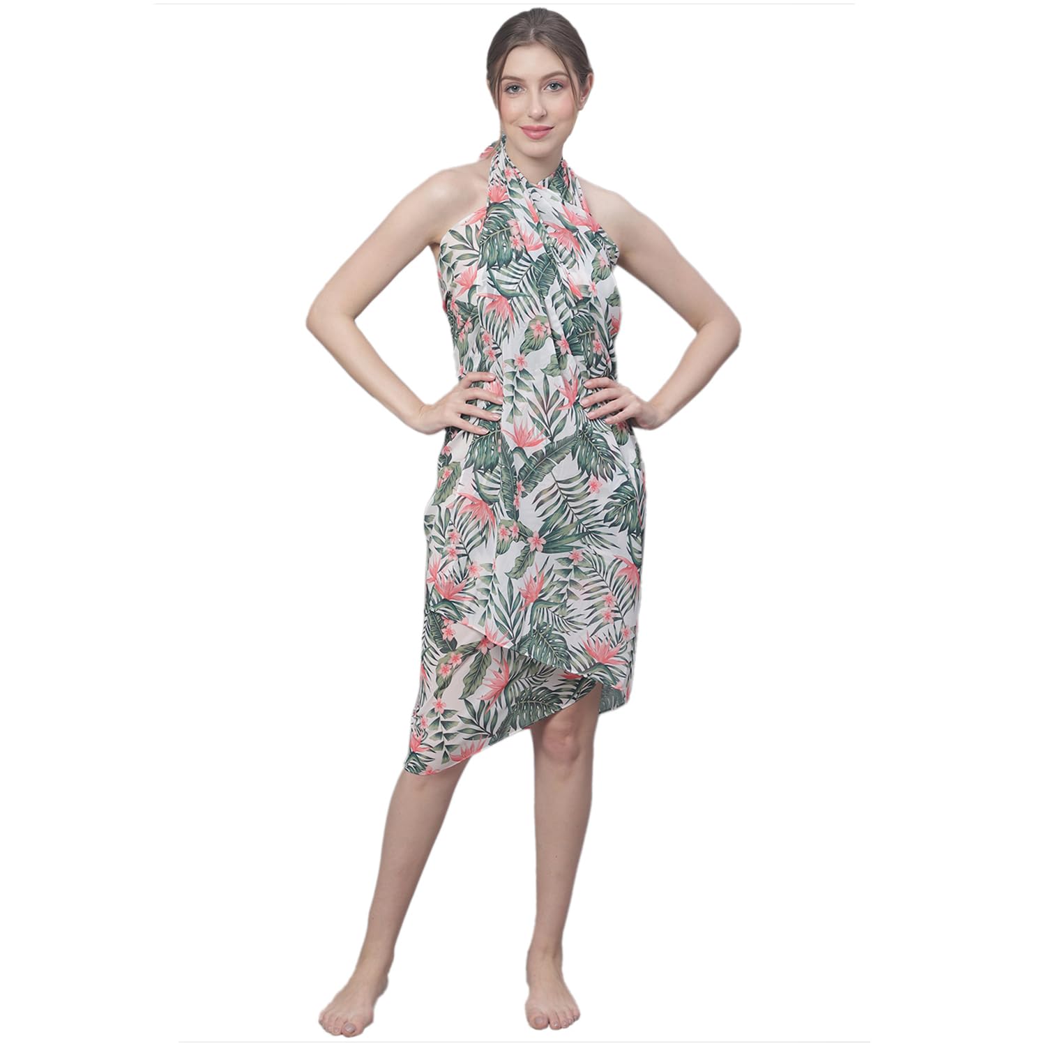 White & Green Tropical Printed Cover Up Sarong-image-47