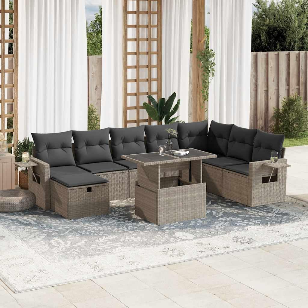 Set di 9 mobili da giardino in polyrattan, 62 x 62 x 69 cm, con tavolo regolabile e salvaspazio, grigio chiaro, cuscino refrigerante per esterni, salotto, balcone, terrazza