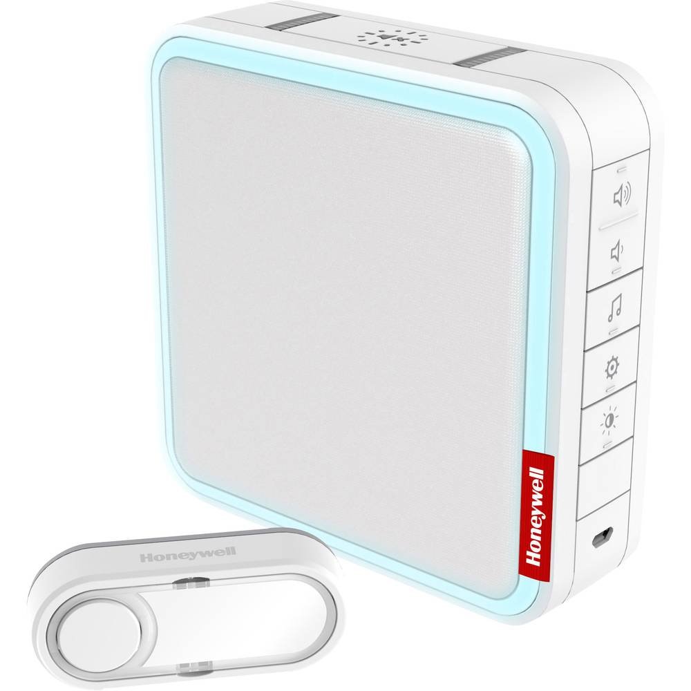 Honeywell Home DC917S Serie 9, Timbre Portátil, Inalámbrico, con Led, Pulsador y Melodía MP3 Personalizable (Blanco)