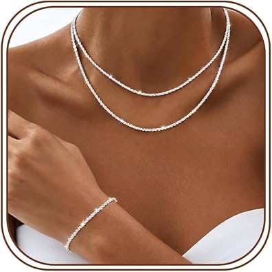 Awinesn Silver Layered Necklaces for Women Trendy Shiny Twisted Rope Chain Necklace Dainty 925 Sterling Silver Plated Choker Necklace with Bracelet Jewelry Set for Women