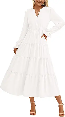 PRETTYGARDEN Long Sleeve Dress for Women 2025 Fall V Neck Tiered Aline Spring Elegant Modest Flowy Wedding Guest Maxi Dresses