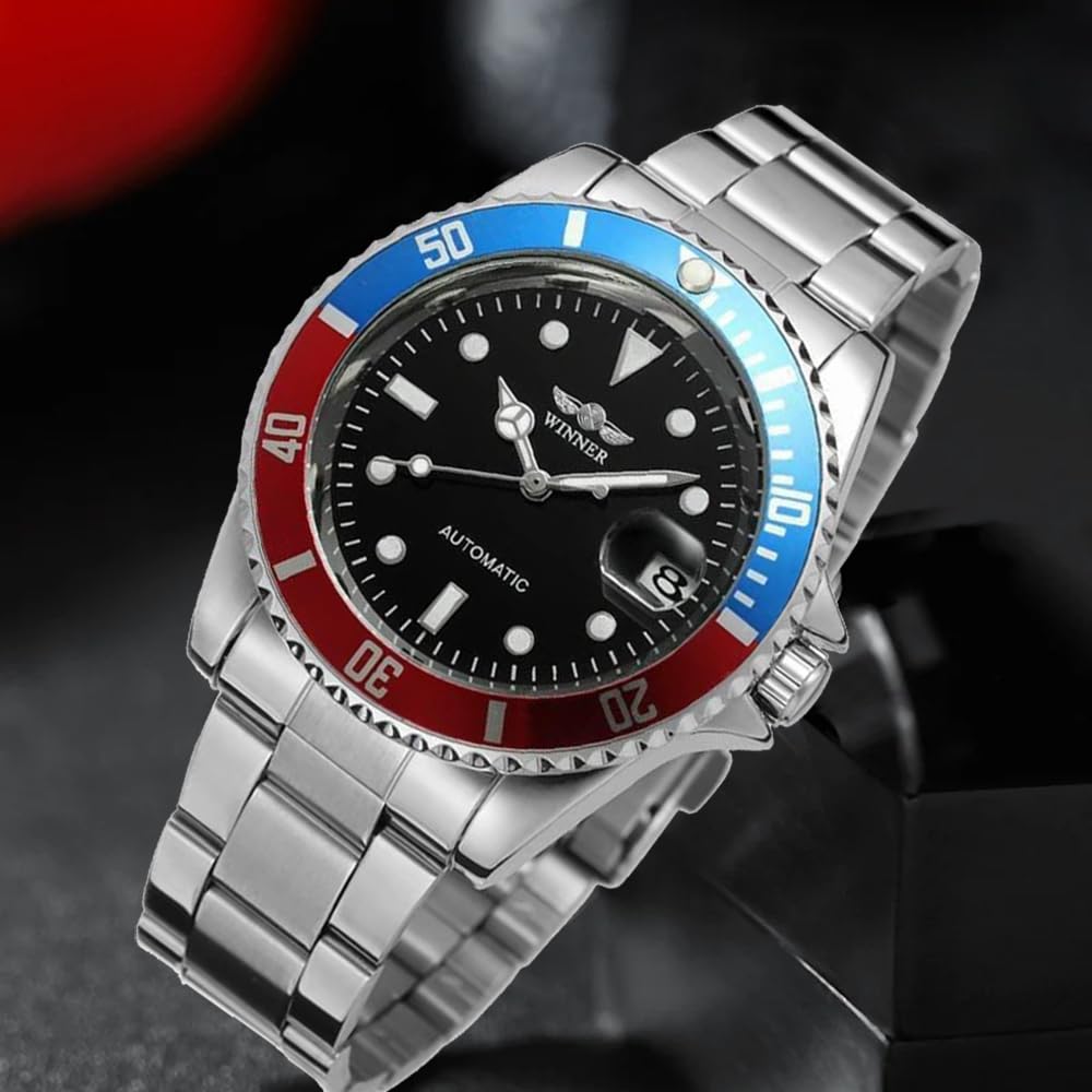Winner - Reloj mecánico automático para hombre, marca de lujo, de acero completo, resistente al agua, con calendario