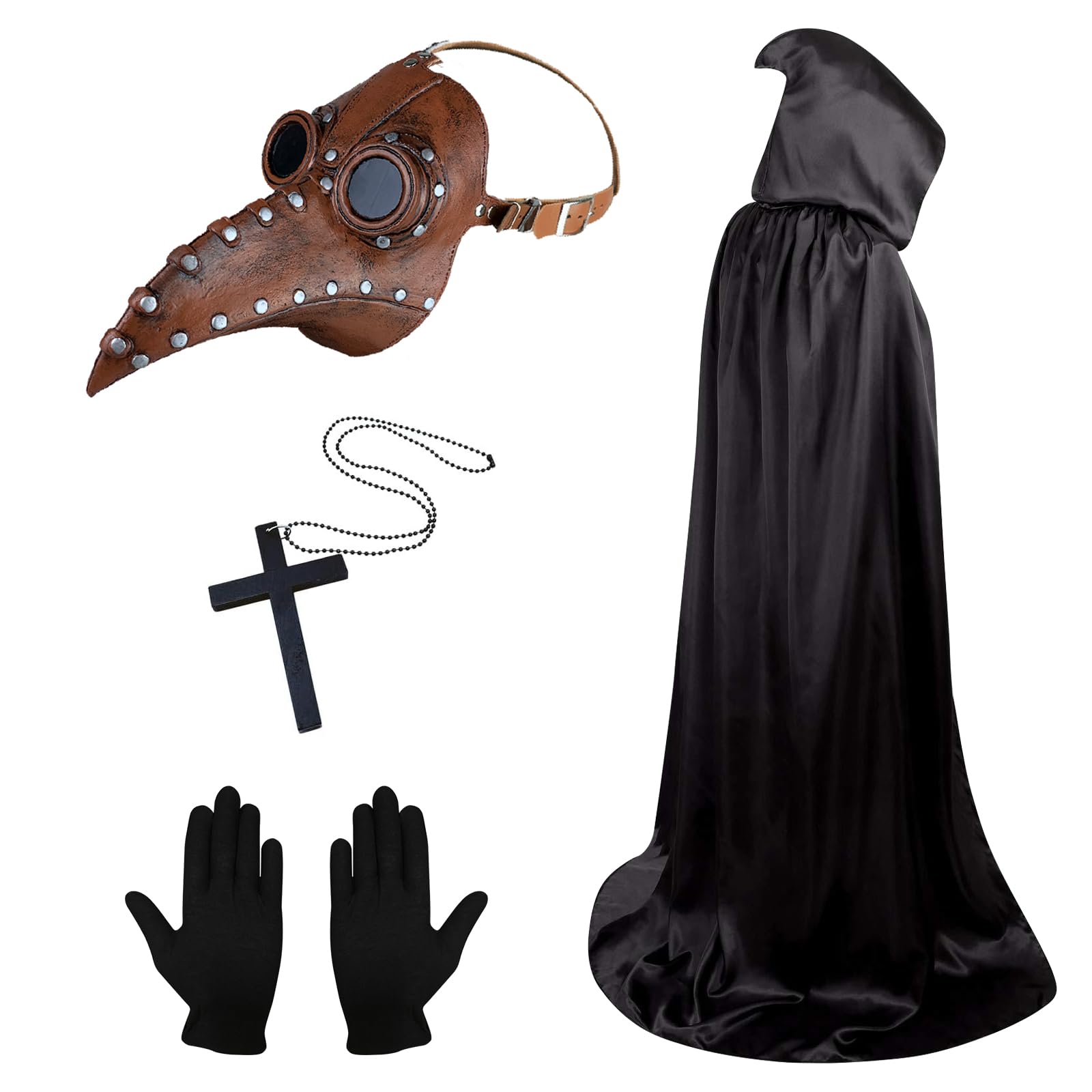 Lifreer Plague Doctor Costume, Plague Doctor Mask， Adult Halloween Costumes for Men Women Masquerade Cosplay Props, Gothic Steampunk Bird Beak Mask with Black Hooded Cloak Gloves Cross Necklace