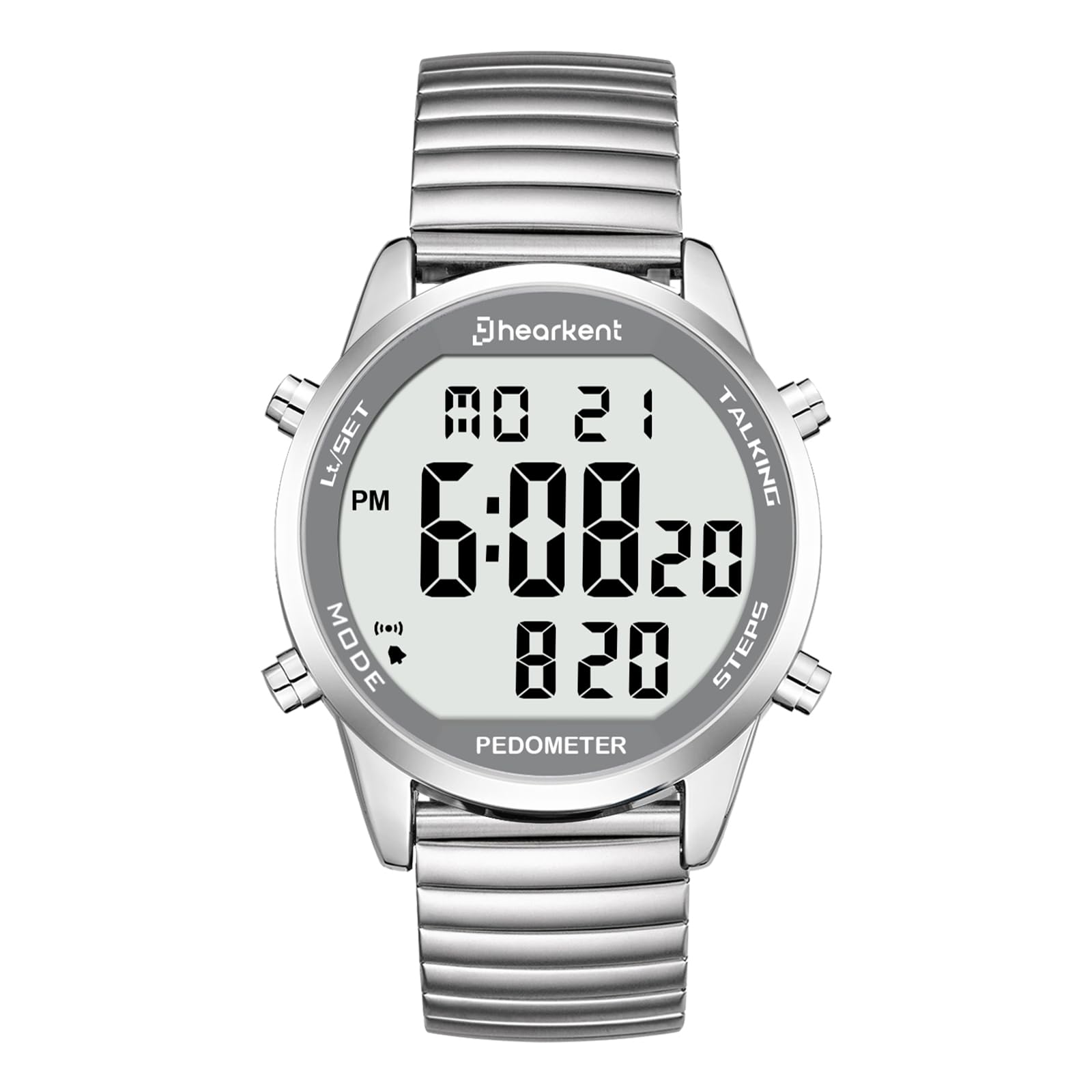 Hearkent Orologio digitale parlante con contapassi, tempo di conversazione, data, passi, calorie in inglese, 5 sveglie, retroilluminazione EL, numeri grandi LCD, senza Bluetooth, per anziani/ciechi