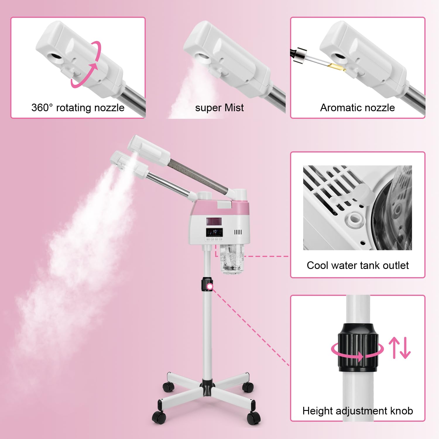 Professional Facial Steamer with Adjustable Height and Rotating Nozzle