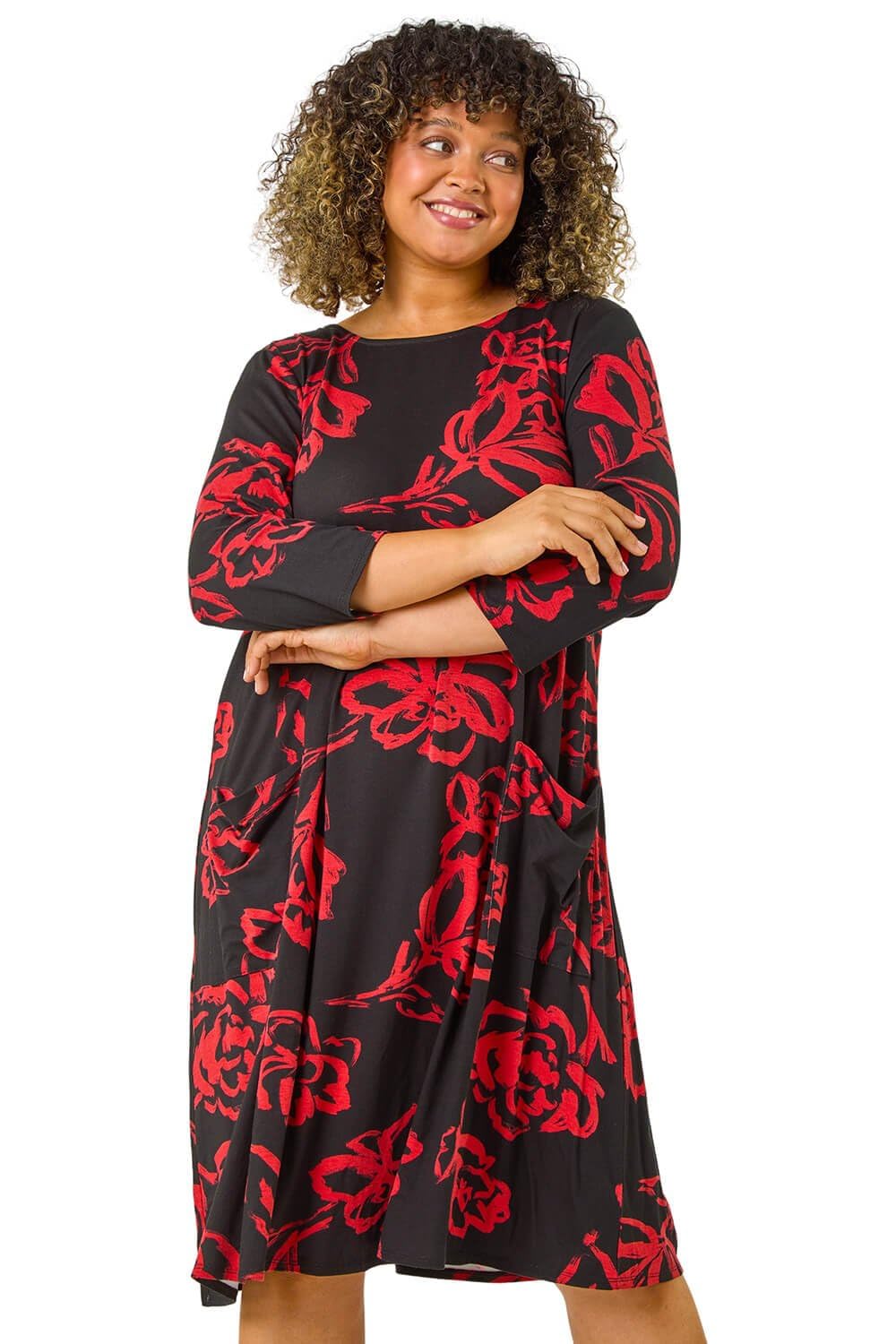 Roman Curve Women's Red Floral Print Pocket Swing Dress Size 18