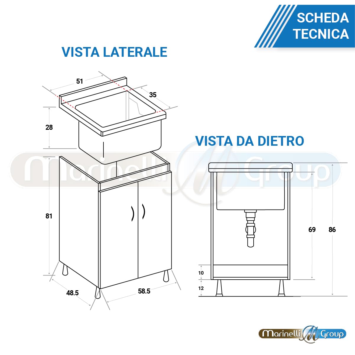 MarinelliGroup MOBILE lavatoio bianco con vasca in CERAMICA 63 X 51 X 86 con foro troppo pieno Dyma