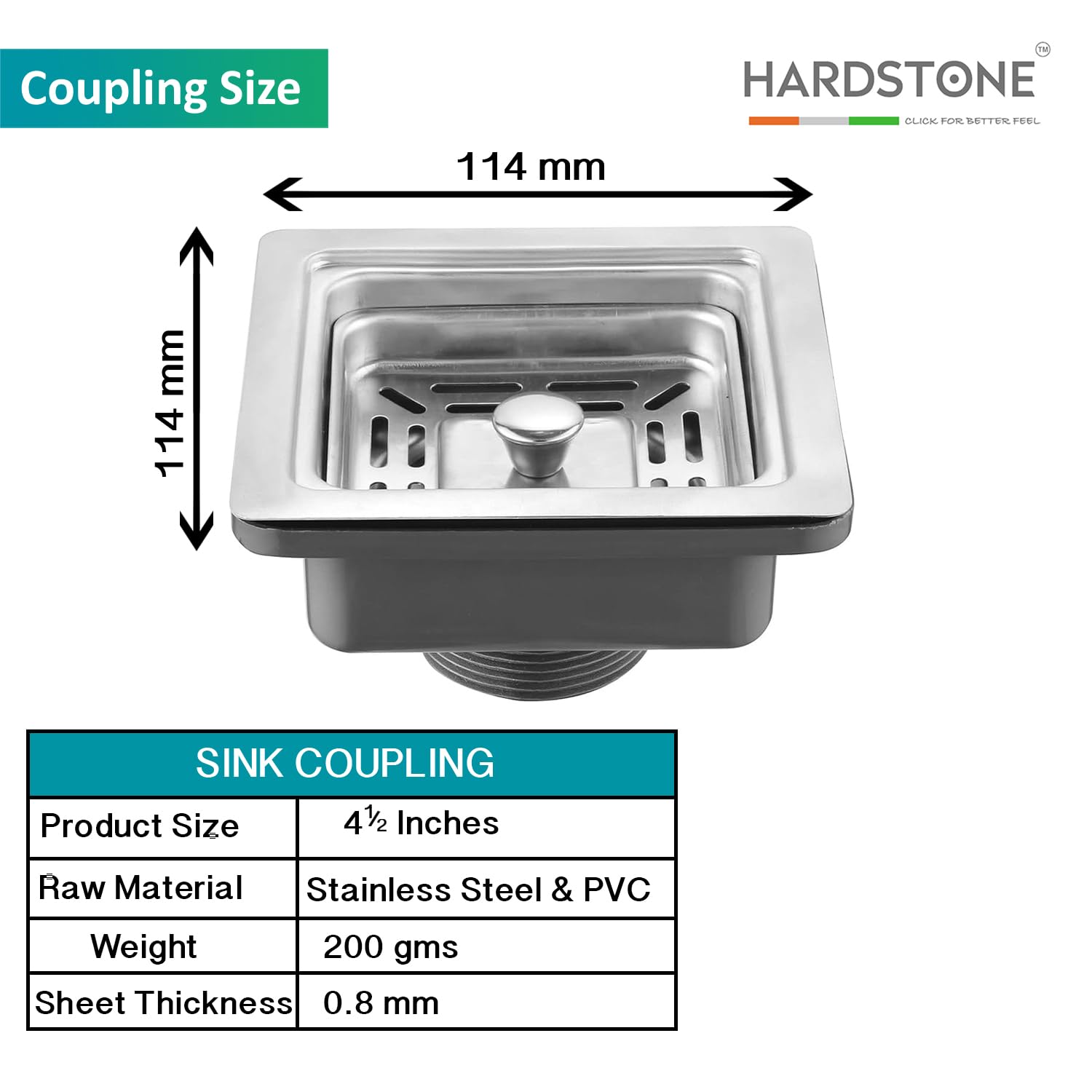 Hardstone Silver Sink 4.5 Inches Coupling With 36 Inches Basin Pipe - Stainless Steel Square Drainer Combo | Stainless Steel Coupling for Kitchen Sink Easy Installation Flexible 3