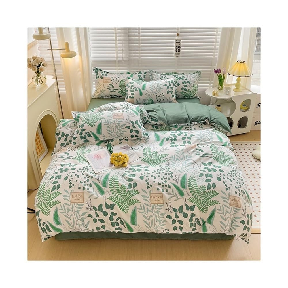 S5b8W3g7 Bedding set Green Botanical Duvet Cover Set 4 pieces All Seasons Bedding with Bed Sheet and Pillowcase Home Textile