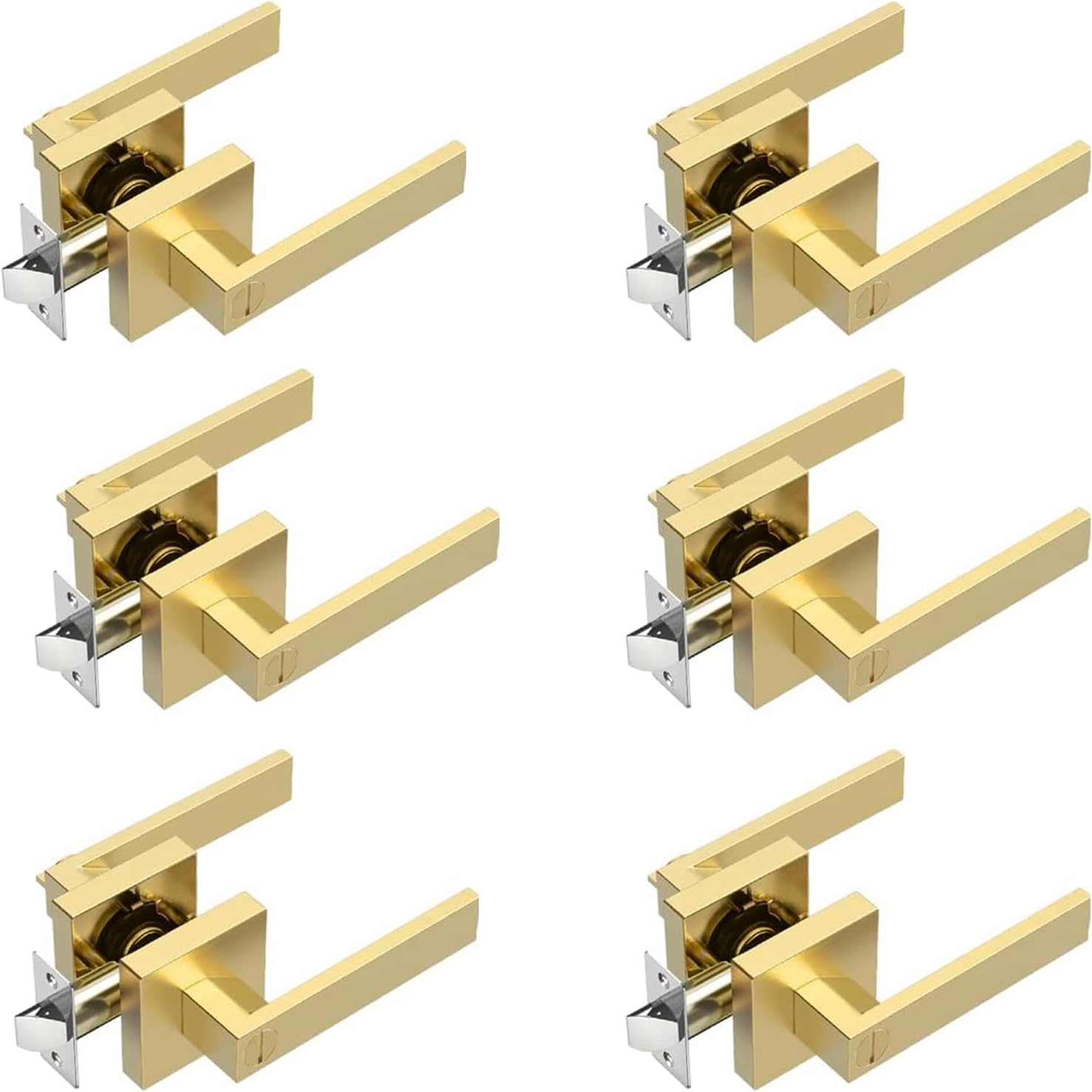 6 Pack Privacy Door Levers, Gold Flat Satin Brass Interior Door Handles for Bedroom or Bathroom, Keyless Heavy Duty Interior Door Knob, Finish Modern Design Door Hardware