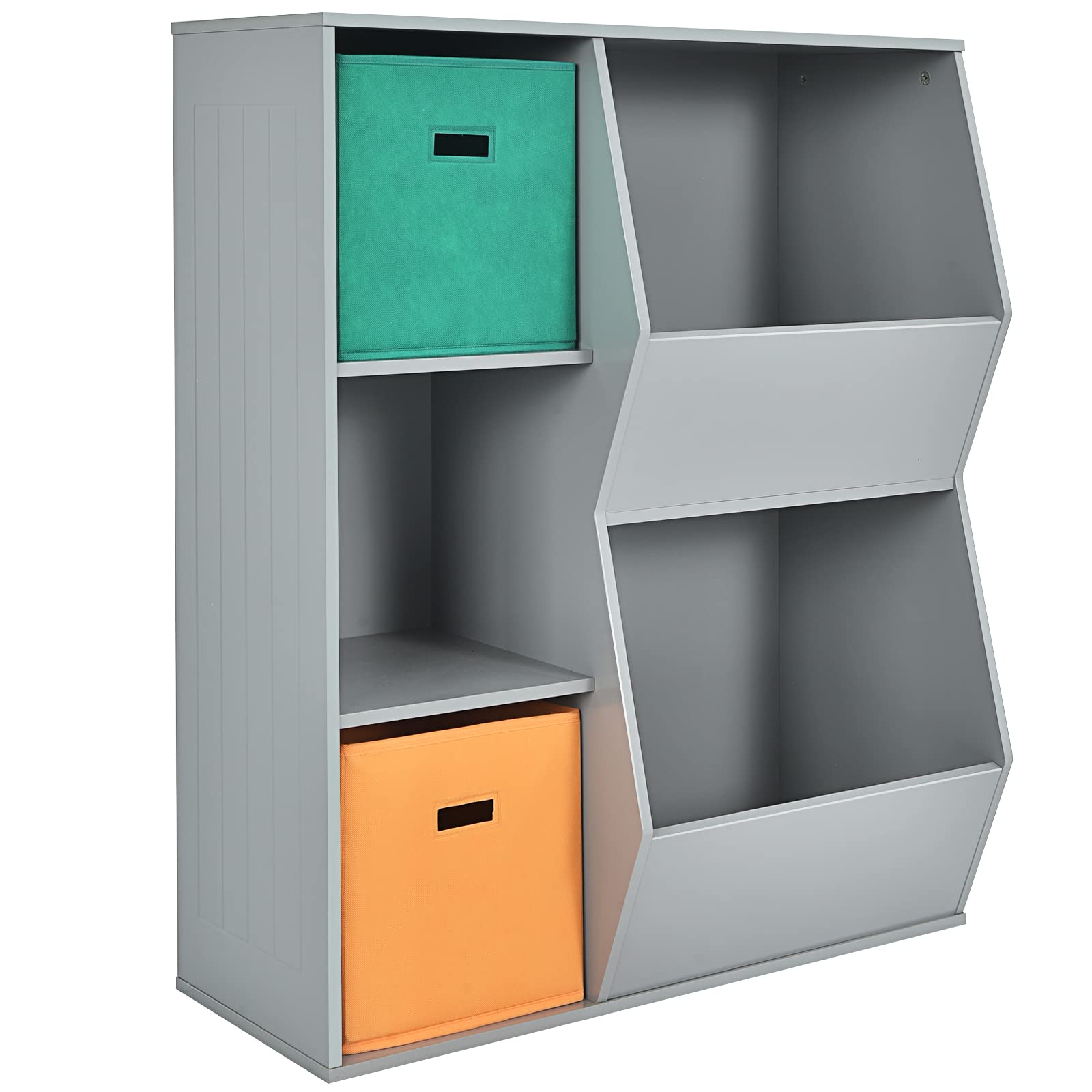 COSTWAY Estantería Infantil para Juguetes, Organizador de Juguetes, 3 Cubos y 2 Amplias Cajas Abiertas, Sala de Juegos de los Niños, Salón, 76 cm x 28 cm x 94 cm (Gris)