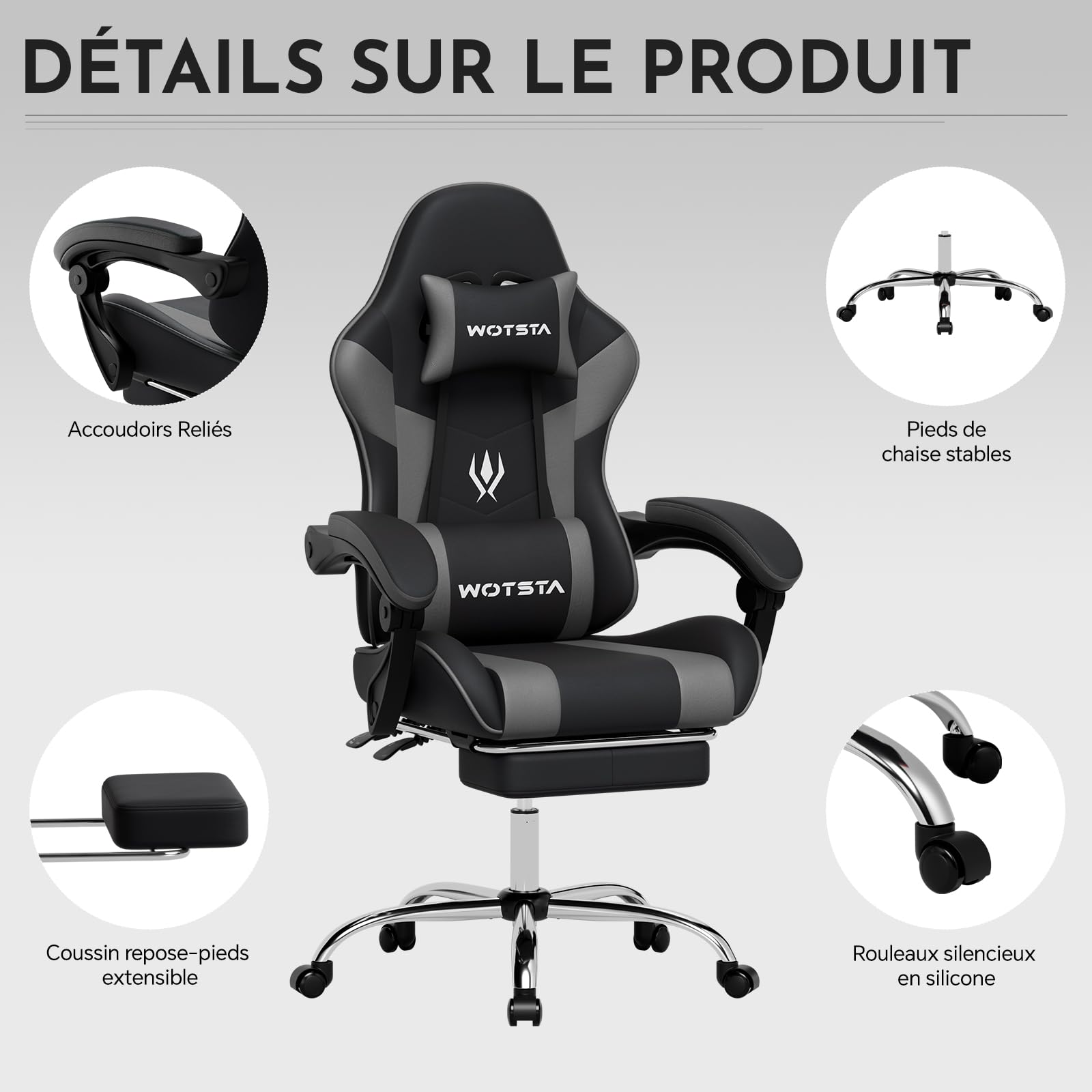Chaise Gaming, Ergonomique Fauteil Bureau, Hauteur Réglable, Siege Gaming avec Repose-Pieds TÉlescopique, Chaise Bureau avec Support Lombaire, Dossier Inclinable à 135° Noir et Gris