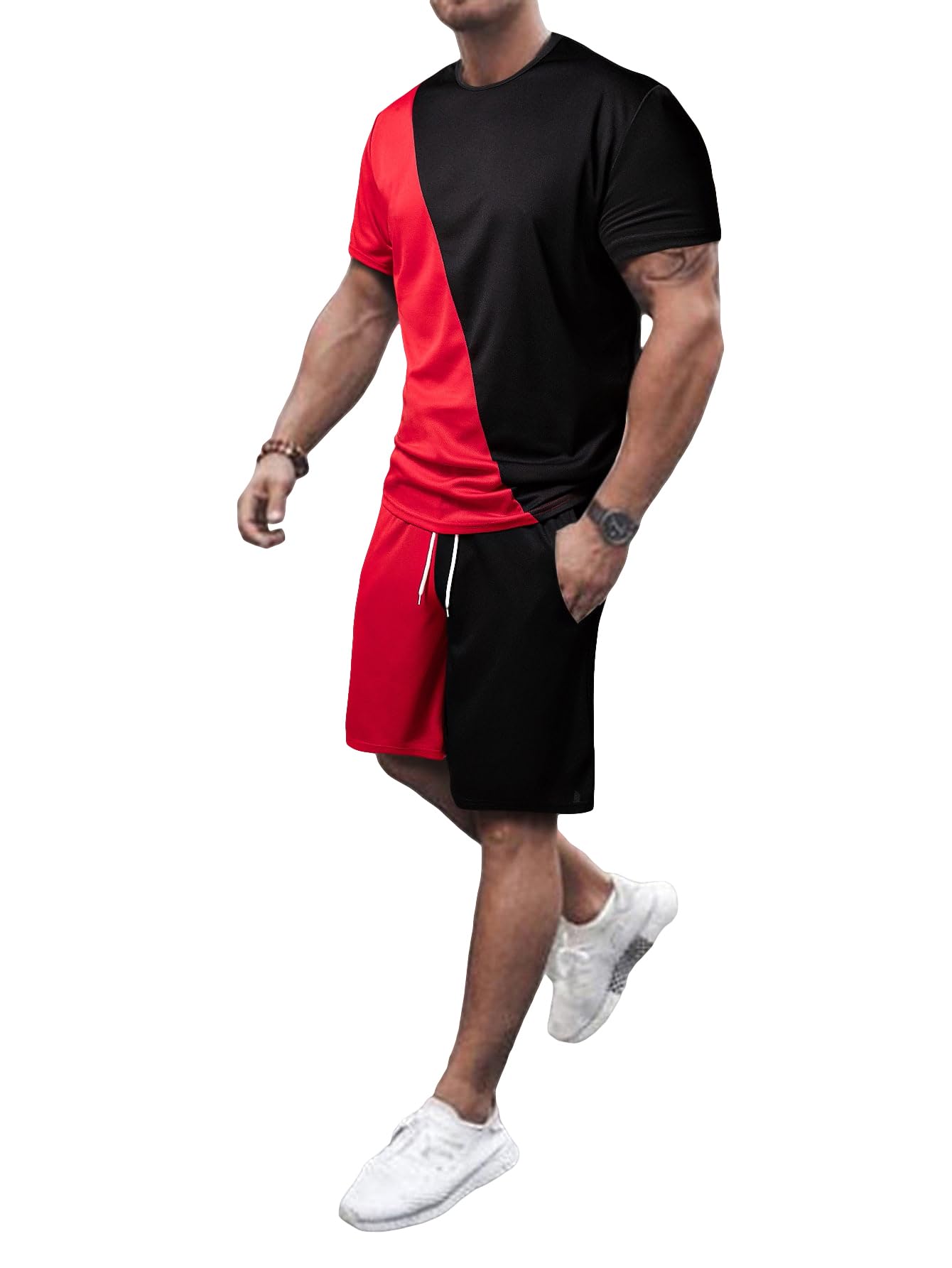 Men's 2 Piece Outfits Color Block Short Sleeve T Shirt and Shorts Set with Pockets