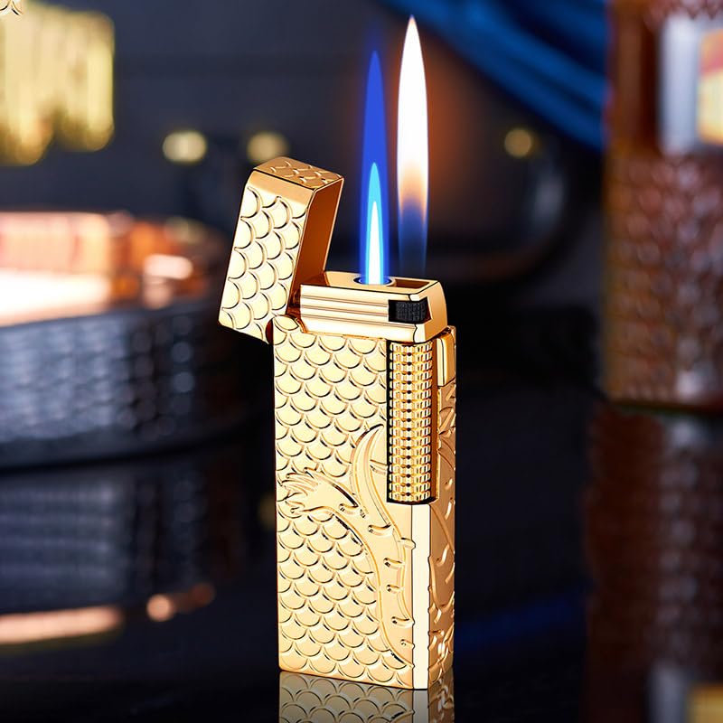 Classic Butane Dual Flame Lighter, Jet Torch Soft Flame 2 in 1 Windproof Refillable Lighter for Men Dad Husband Collect (Fuel Not Included) (Gold)
