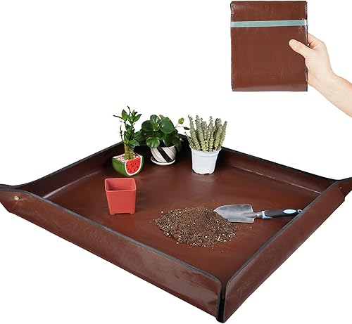 Miniatura 30 de Tapete grande para macetas para trasplante de plantas de casa y control de mezcla de suelo, impermeable, bandeja de trasplante de plantas, Naranja