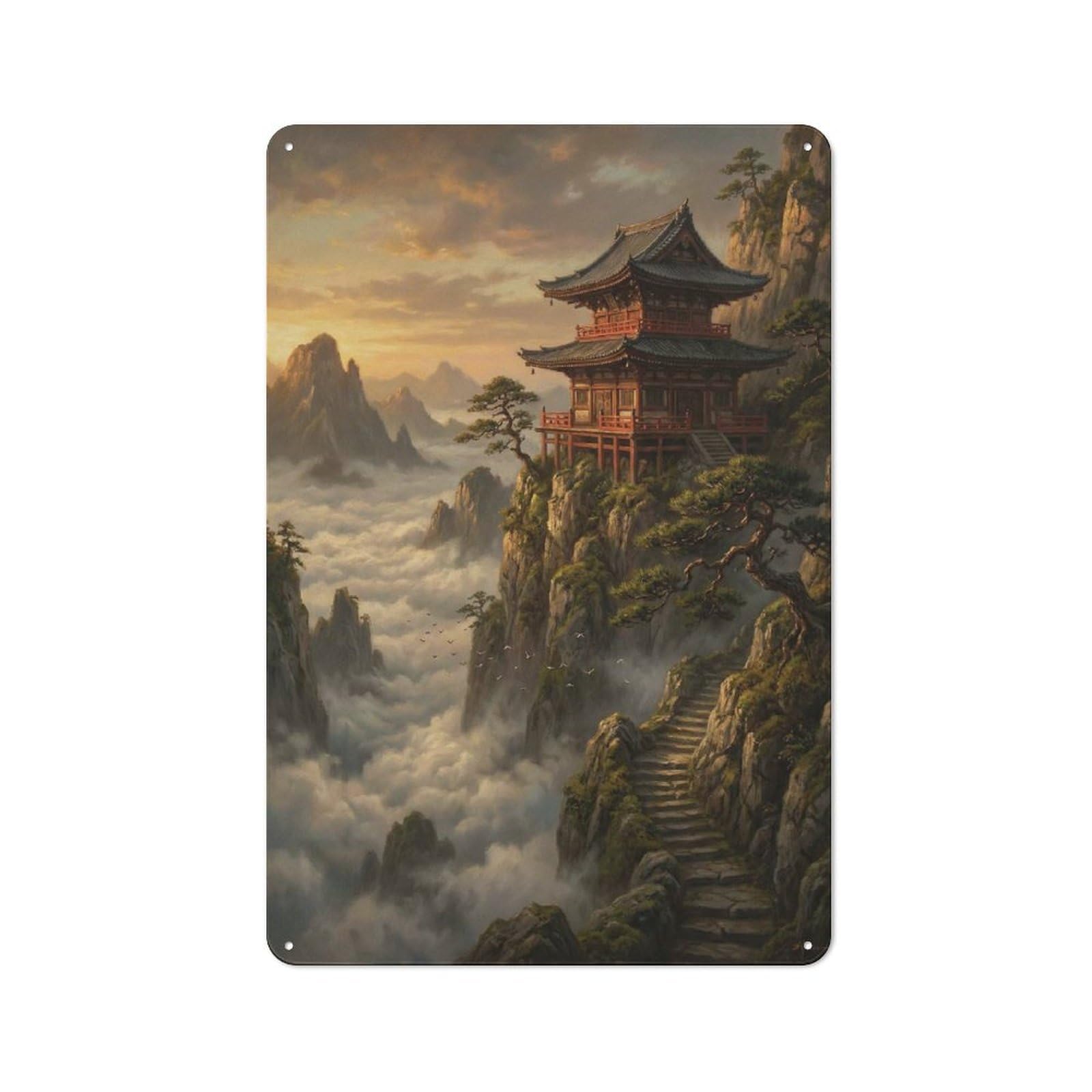 Junmoney Style-3 Serene Mountain Temple At Sunrise Vintage Metal Plaque 30X20cm For Hobby Room Or Studio, Suited To Hobby Room Decor Fans