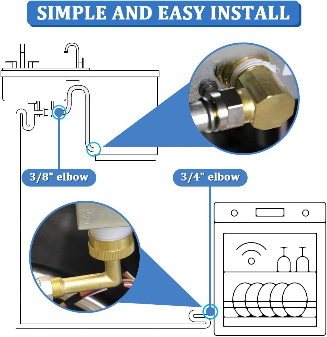 Dishwasher Installation Kit, 6 FT Braided Stainless Steel Supply Line with 3/8"x3/8"MIP Elbow, 3/8"x 3/4" FHT Elbow