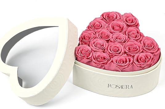 Rosaura Heart-Shaped Preserved Roses Gift Box - Real Forever Flowers for Christmas, Birthday, Valentines & Mothers Day Pink, 16 roses