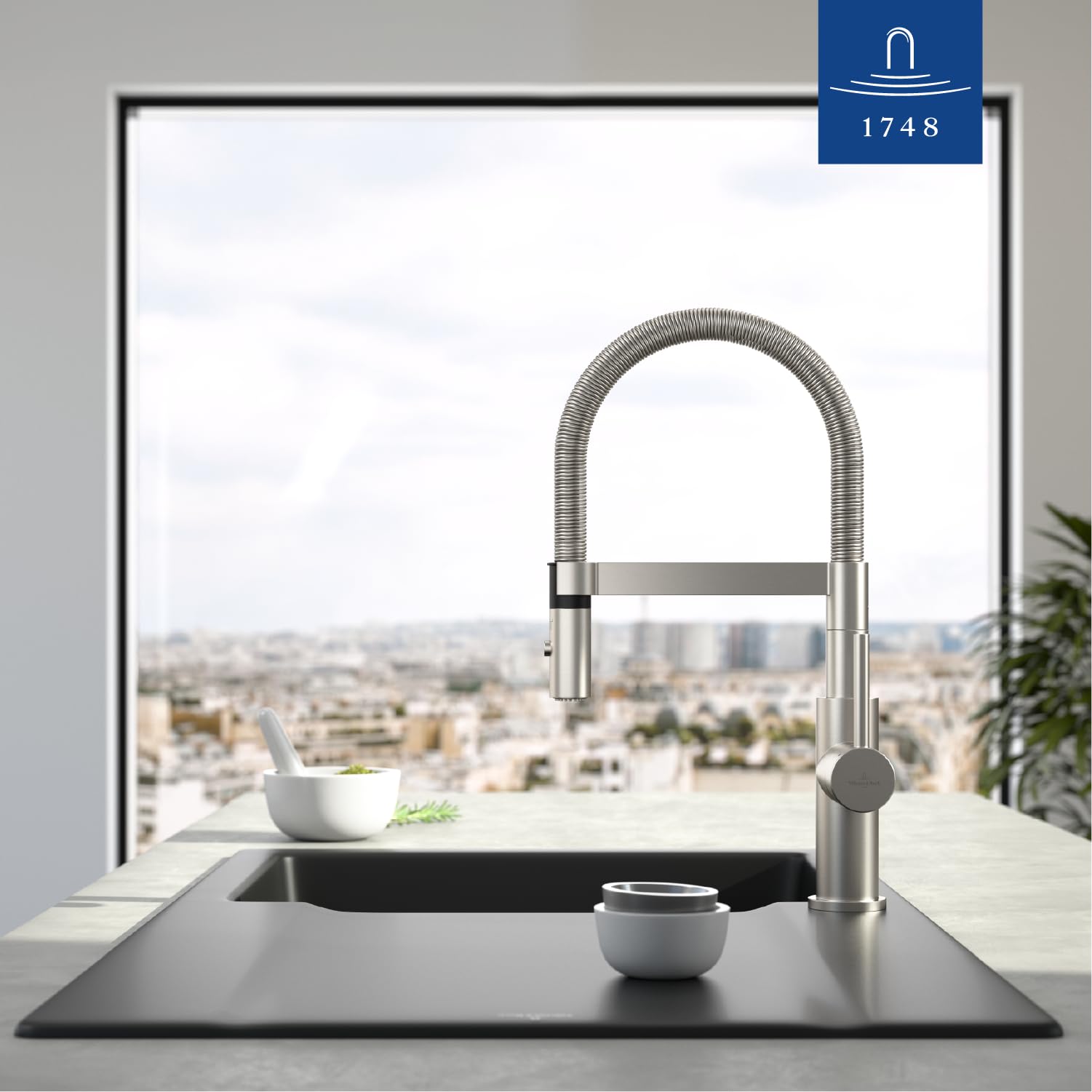 Villeroy & Boch Steel Expert Compact Küchenarmatur, Höhe 143 mm – Edelstahl | Umschaltfunktion, 360° schwenkbarer Auslauf mit Spiralfeder, Laminarstrahl, Hochdruck, 927300LC