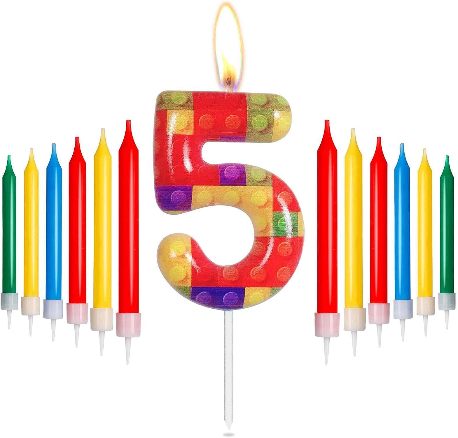 Building Block Birthday Candles,Pixel Number 5 Candle for Cake,Girl Boy 5th Birthday Decorations, Red, Yellow, Green, Blue Pixel Candles Cake Toppers for Birthday Party Decorations Supplies