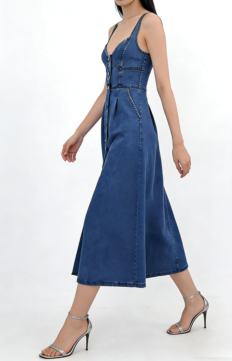 utcoco Denim Dress for Women Sleeveless Button Down Slim Fit Midi Jean Dresses for Women 2025 - Image 6