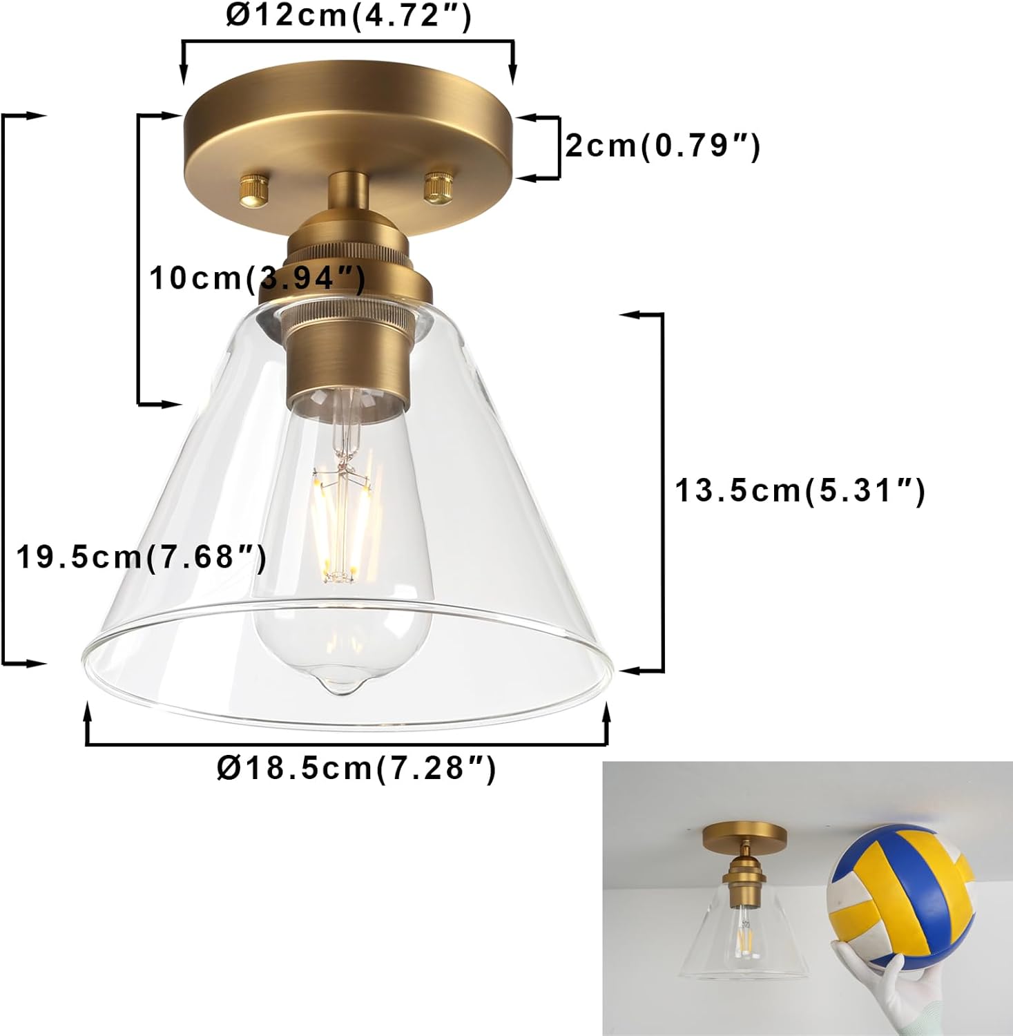 Yosoan Rustic Semi Flush Mount Ceiling Light, 1-Light Vintage Industrial Indoor Vanity Hardwired 7.28'' Funnel Flared Glass Shade Kitchen Diningroom Corridor Hallway Entryway Passway Gallway (Antique)