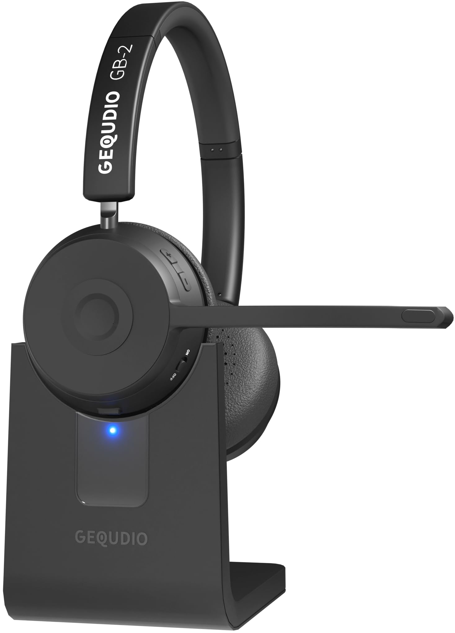 GEQUDIO GB-2 - Cuffie Bluetooth con microfono, con cancellazione del rumore, senza fili, per due dispositivi come smartphone, cellulare, PC o laptop, in ufficio (GB-2 con ricarica)