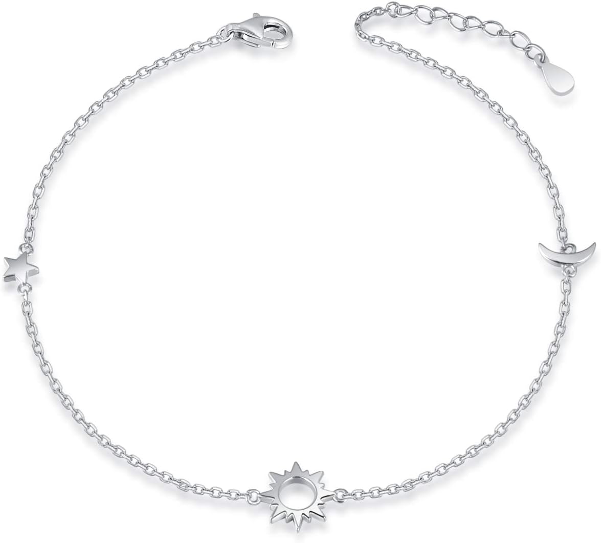 925 Sterling Silver Ankle Bracelets Moon Star Sun Universe/Flower/Sunflower/Heart/Sideway Cross/Sea Turtle Starfish Adjustable Anklet Jewelry Foot Chain for Women 9+1inch