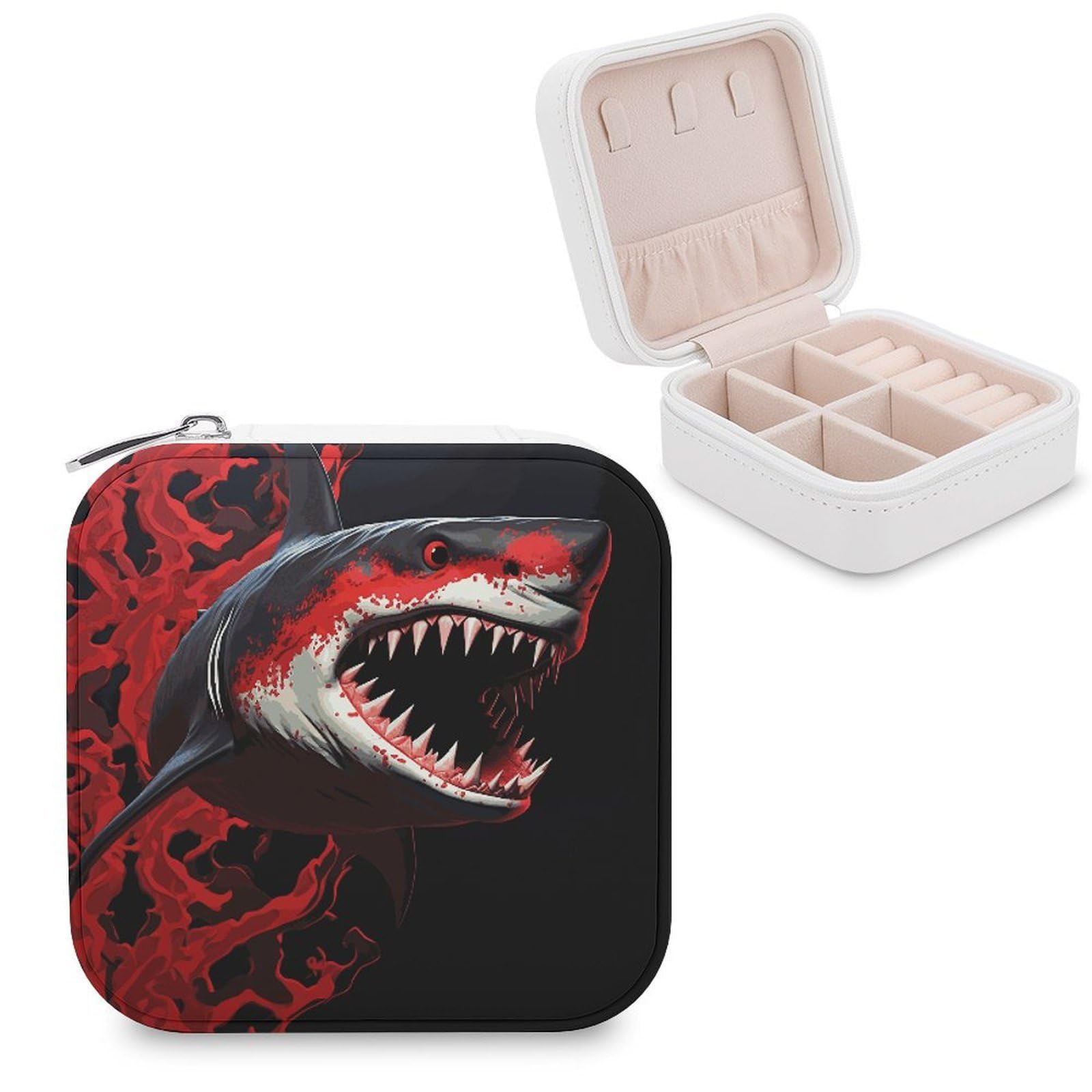 MUSM Red-black Shark Travel Jewelry Case Personalized PU Leather Jewelry Boxes for Women Small Portable Jewelry Organizer Box Cute Trinket Box for Necklaces Rings Earrings & Gifts