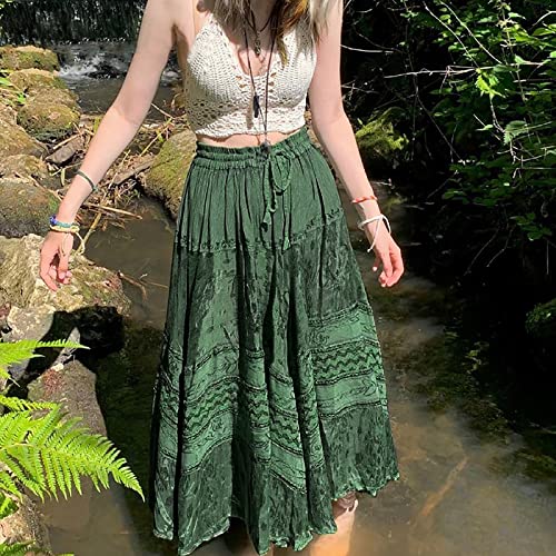 YOLAI Women's Summer Boho Maxi Skirts Elastic Waist A Line Flowy Long Skirts with Pockets3