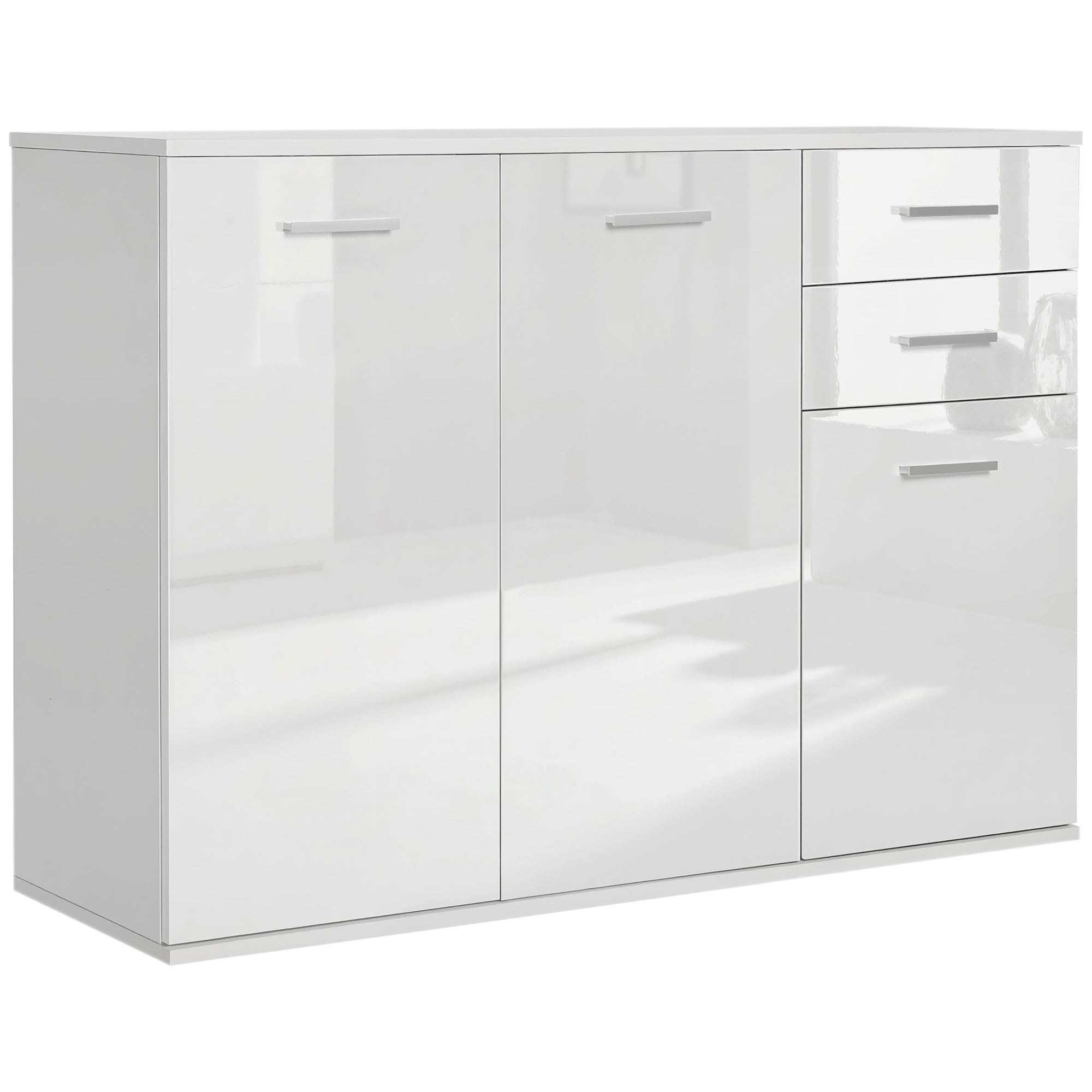 HOMCOM Buffet Salon à Haut Brillance, Meuble de Rangement avec 2 tiroirs, 3 Portes et étagère réglable, Style Contemporain, Buffet Salle à Manger et Cuisine, 106 x 35 x 76 cm, Blanc