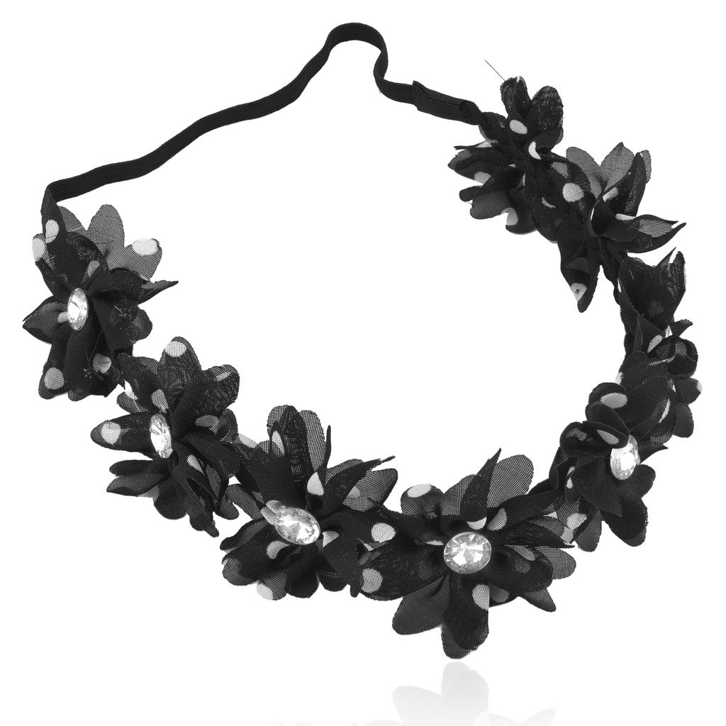 LUX ACCESSORIES Black White Chiffon Polka Dot Crystal Floral Flower Stretch Headband Head Band