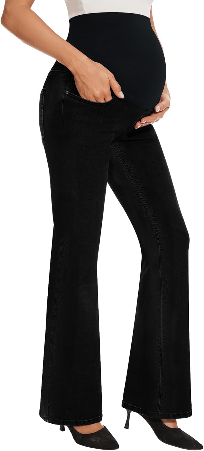 GLAMIX Women’s Stretch Maternity Bootcut Jeans with Pockets Over The Belly Bell Bottoms Flare Denim Pants Pregnancy Clothes