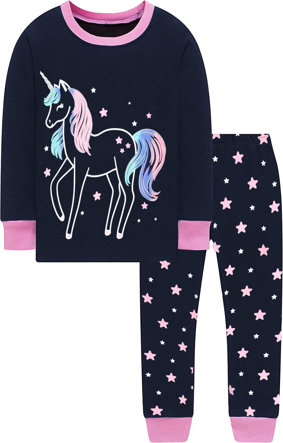 EULLA Pigiama per bambini e bambine, a maniche lunghe, in cotone, per l'inverno, con unicorno, principessa, coniglietto, gufo, due pezzi, biancheria da notte 1-10 anni, 92 98 104 110 116 122 128 134
