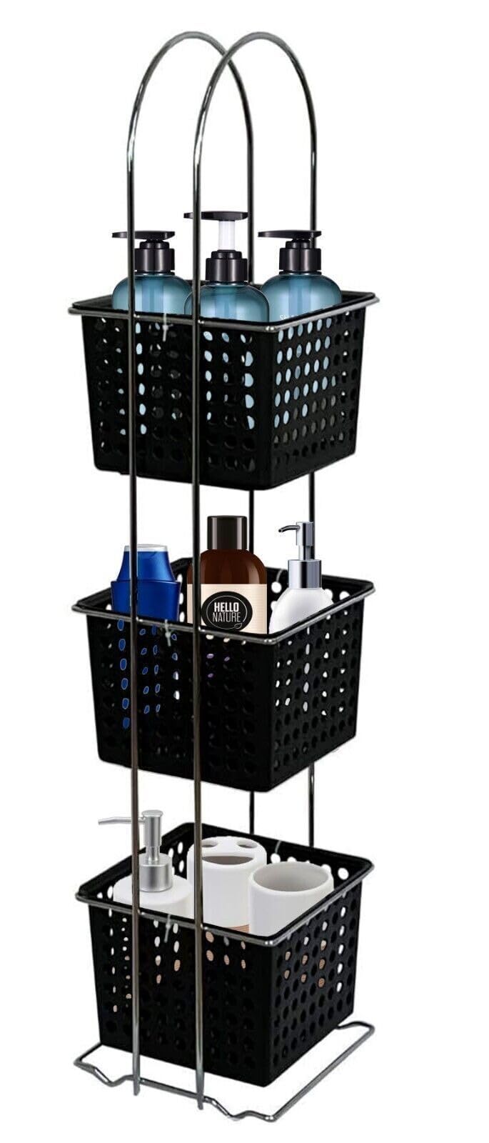 HOMION 3 Tier Free Standing Bathroom Shower Caddy Double Wire Plastic Basket Organiser Square baskets - Black Baskets