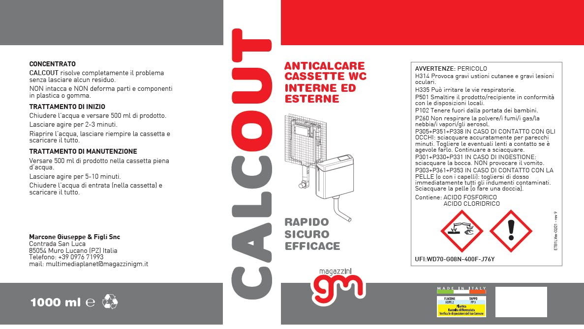 Disincrostante Anticalcare per Cassetta WC CalcOut, Effetto Rapido, Sicuro per Plastiche e Gomme, Trattamento Economico, Made in Italy, 1L (2)
