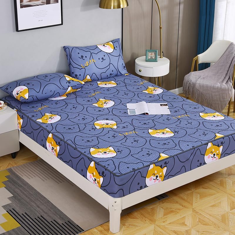 Bedding Best for Hotel Home,Solid Color Thickened Quilted Waterproof Fitted Sheet, Children's Room Cartoon Printed Deep Pocket Bed Sheet,Dog,150cmx190cm (3pcs)