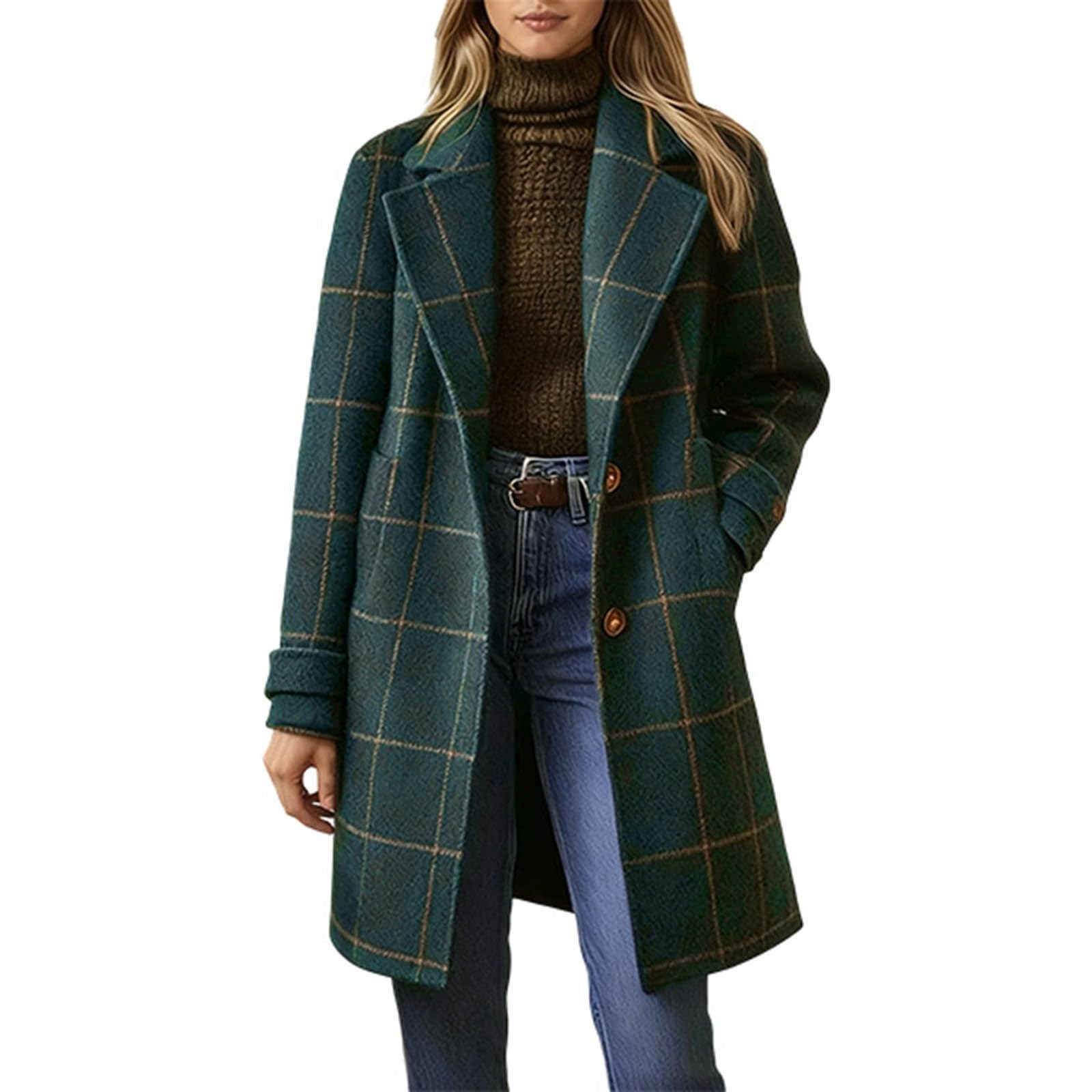 Generisch Retro-Damen-Arbeitsjacke schicker langer Winter-Trenchcoat mit Karomuster elegant und lässig mit Reverskragen