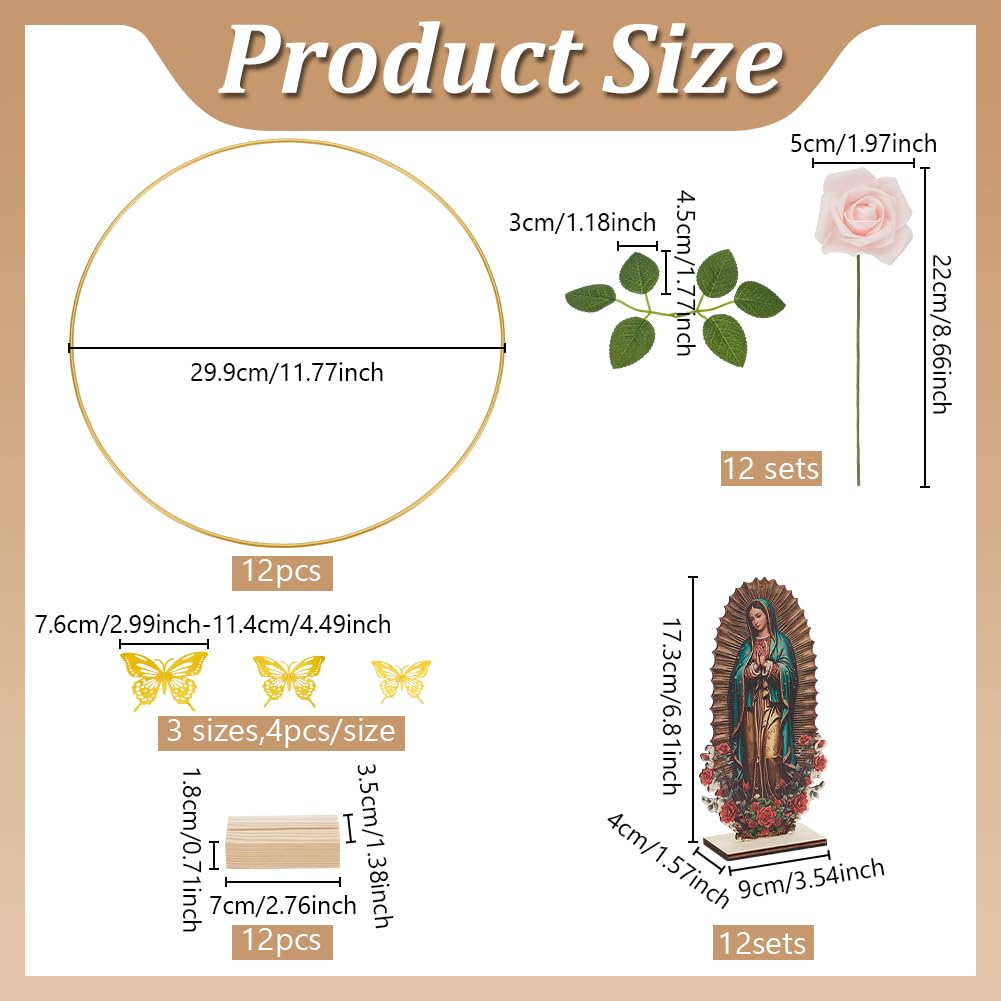 FREEBLOSS Lot de 12 centres de table de baptême pour centre de table comprenant 12 anneaux floraux, 12 supports en bois, 12 figurines Notre Dame de Guadalupe pour décoration d'intérieur, fête, mariage
