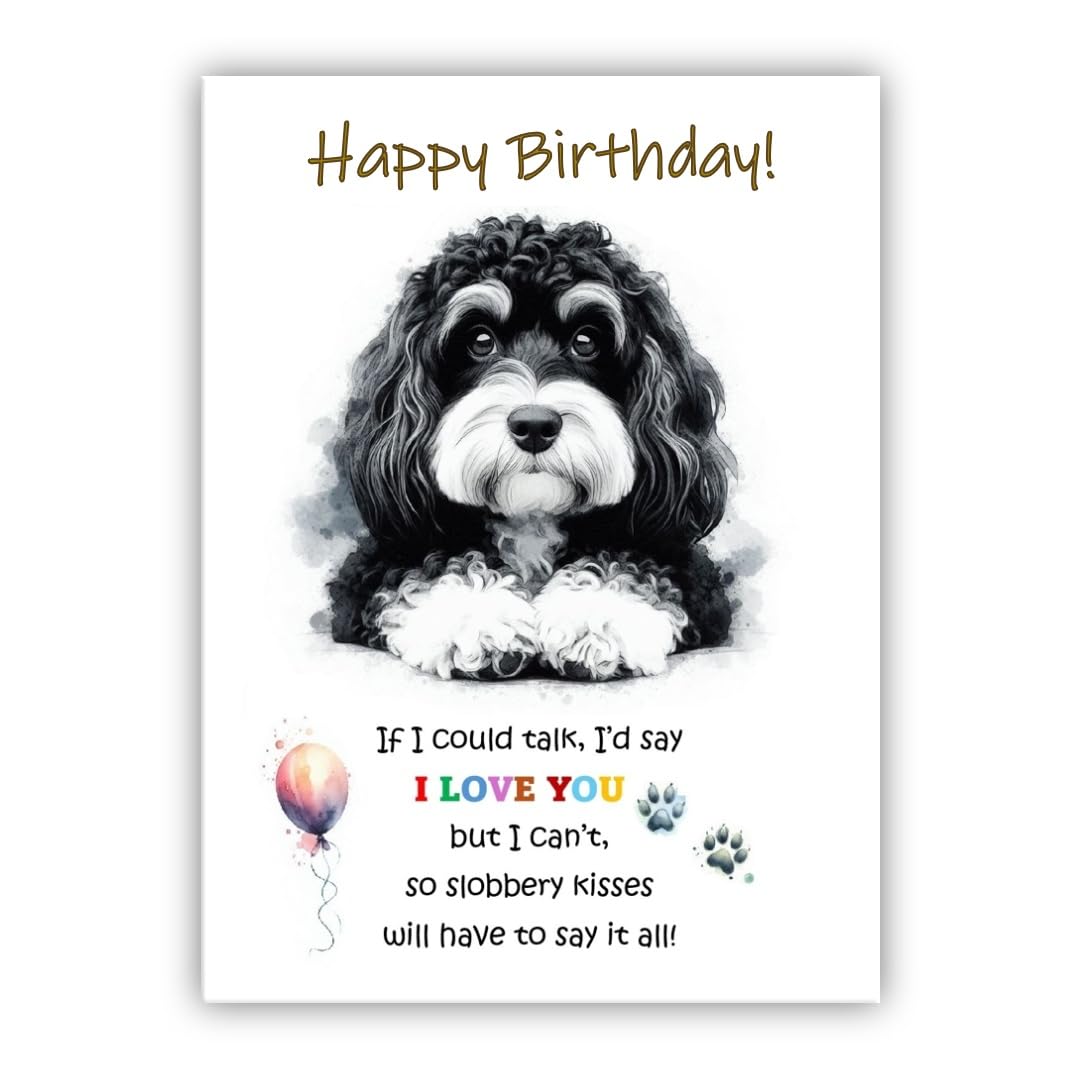 Dog Lovers Birthday Card. Cavapoo Birthday Card from the dog to the owner, Mum, Dad, Mummy, Daddy, Mother, Father. (Cavapoo black/white)