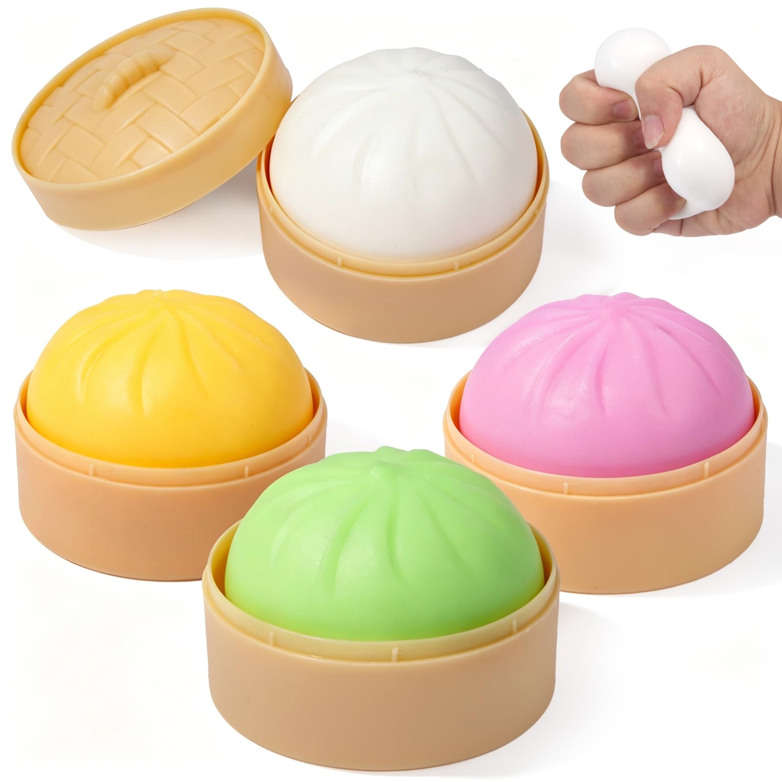Photo 1 of 4 Pack Dumpling Squishies Toy Mystery Box Random Color, Colorful Dumplings Stress Balls Fidget Sensory Toy, Bun with Food Steamer Stretchy Desk Toys Soft Squeeze Decompression Dough for Adults Kids