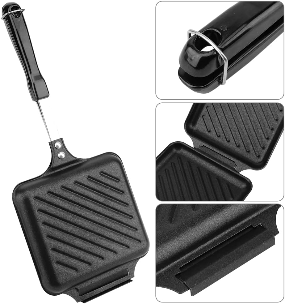 Hot Sandwich Maker, Grilled Panini Maker Non-Stick Double Sided Flip Panini Press Pan with Handle, Stovetop Toasted Sandwich Maker Press for Small Bread Pancake, for Kitchen, Breakfast,Outdoor Camping