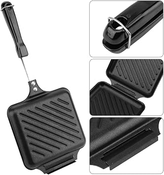 Hot Sandwich Maker, Grilled Panini Maker Non-Stick Double Sided Flip Panini Press Pan with Handle, Stovetop Toasted Sandwich Maker Press for Small Bread Pancake, for Kitchen, Breakfast,Outdoor Camping