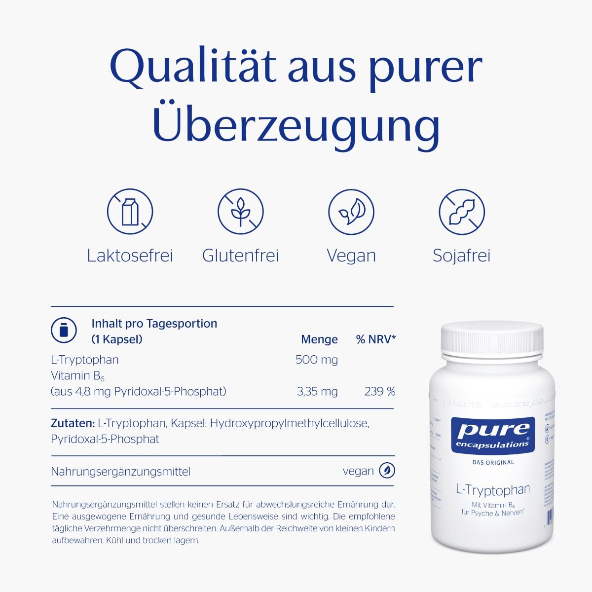 Pure Encapsulations - L-Tryptophan - Aminosäuren - Mit Vitamin B6 Für Normale Funktion von Psyche und Nerven - 60 Kapseln