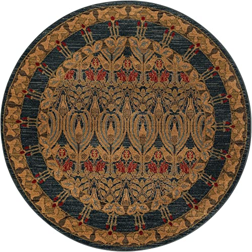 Image of Unique Loom Edinburgh Collection Area Rug - Canmore (5' 3 inch Round, Navy Blue / Tan)