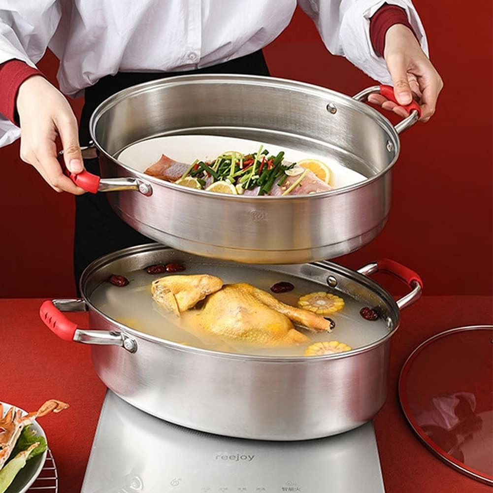Forma Ovale 38 Cm Pentola A Vapore Pesce, Vaporiera Professionale Acciaio Inossidabile, Multifunzione Strumento da Cucina Universale per Fornelli A Induzione, Fornelli,B